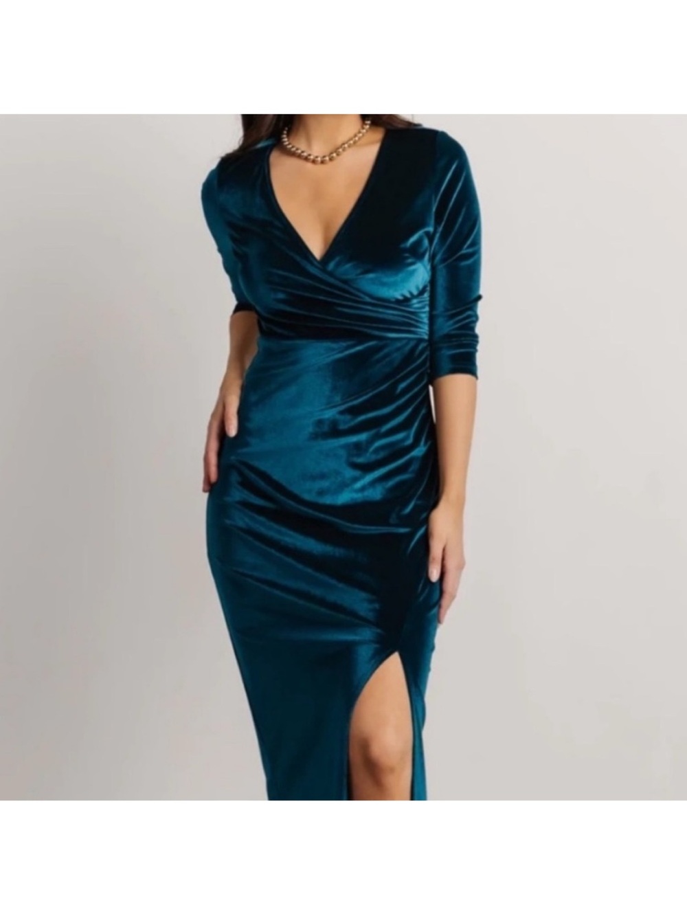 Baltic Born Devman Peacock Velvet V-Neck Midi Dress with Side Slit Bodycon